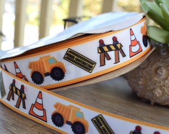 Truck Ribbon, Under Construction Ribbon, Dump Truck and Tractor, Construction Vehicles Ribbon || 3 Yards of Ribbon -  1" (25mm)