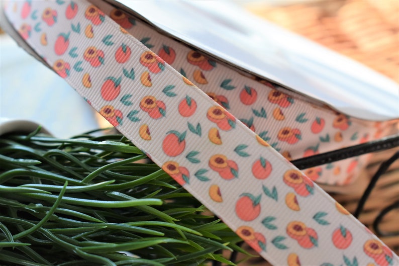 May include: A white ribbon with a peach pattern. The ribbon has a repeating pattern of peaches and leaves. The peaches are pink and orange and the leaves are green.