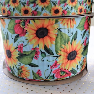 Sunflower Pink Blue Flowers Ribbon, Flower Ribbon,  Sunflower Grosgrain Ribbon  || 3 Yards of Ribbon - 1&quot; (25mm) / 3&quot; (75mm)