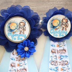 Planets Space Baby Shower for Boy – Astronaut Theme – Planets Mommy to Be Sash & Daddy to Be Pin – Galaxy Baby Set – Outer Space Gift Idea