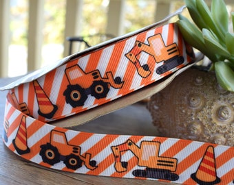 Truck Ribbon, Under Construction Ribbon, Dump Truck and Tractor, Construction Vehicles Ribbon || 3 Yards of Ribbon - 1" (25mm)