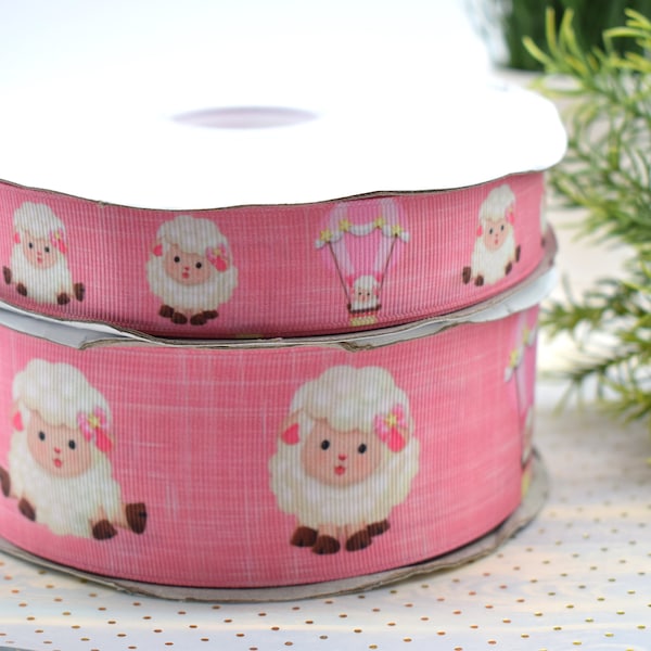 Girl Sheep Ribbon, Lambs Ribbon, Animal Ribbon, Sheep Grosgrain Ribbon, Pink Sheep, Easter Sheep || 3 Yards of Ribbon - 1" (25mm), 2" (50mm)