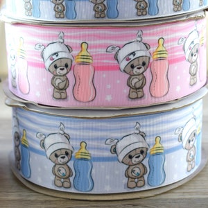 Ruban grosgrain ours en peluche garçon fille, ruban ours en peluche bleu rose, ruban ours rose bleu || 3 mètres de ruban - 1" (25 mm) / 2" (50 mm)