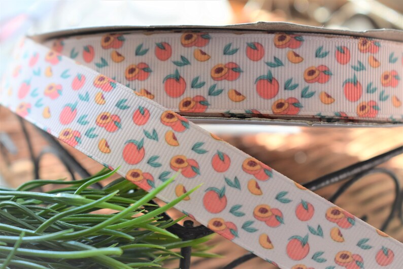 May include: White ribbon with a peach print. The ribbon has a repeating pattern of peaches and leaves.