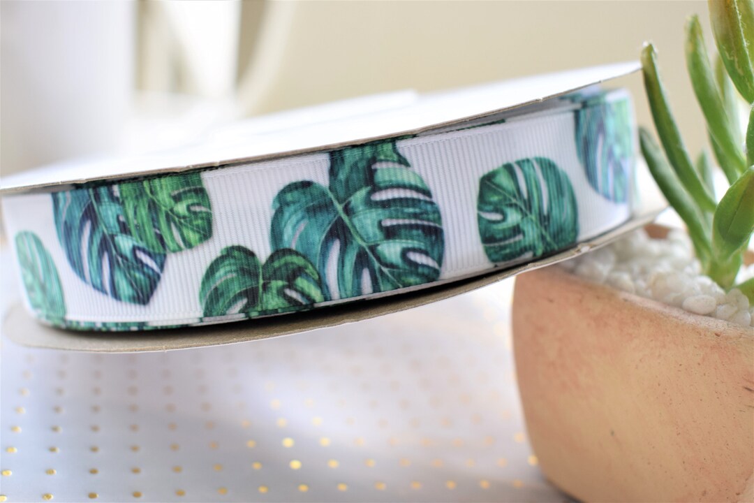 Green Leaf Ribbon, Leaf Greenery Ribbon, Green Grosgrain Printed Ribbon
