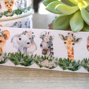 Ruban gros-grain Safari, ruban Safari bébé fleurs blanches, singe girafe et lion || 3 yards de ruban - 1 po. (25 mm)/ 1,5 po. (38 mm)/ 2 po. (50 mm)/ 3 po. (75 mm)