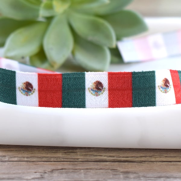 Red White Green Mexico Flag Elastic Ribbon, Fold Over Elastic, FOE Elastic Ribbon, Mexico Flag Elastic || 3 Yards of Ribbon - 5/8" (16mm)