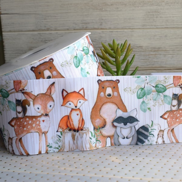 Woodland Animal Ribbon, Fox Bear Raccoon Diaper Cake Baby Shower, Woodland Baby Shower || 3 Yards of Ribbon - 1"(25mm) - 2"(50mm) - 3"(75mm)