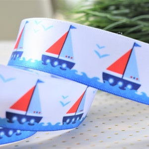 Ruban de bateau nautique, Ruban bleu royal de bateau, Ruban d’ancre blanc royal, || de satin imprimé nautique 3 verges de ruban - 1 » (25mm)