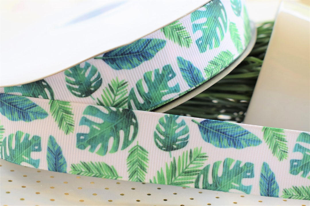 Greenery Leaf Ribbon, Leaf Greenery Ribbon, Green Grosgrain Printed