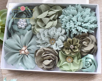 10 Assorted Sage Hunter Dark Green Chiffon Fabric Flowers, Satin Flower, Mixed / Assorted Style and Size, Hair Accessory Supplies