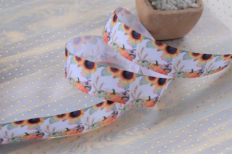Sunflower Pumpkin Ribbon 78 Fall Sunflower Grosgrain Ribbon 22mm Autumn Flower Ribbon Sunflower Pumpkin Ribbon Printed Grosgrain