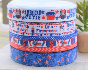 4th of July Ribbon, Stars USA Flag America, 4th of July Americana, Patriotic Printed Grosgrain || 3 Yards of Ribbon - 7/8" (22mm)
