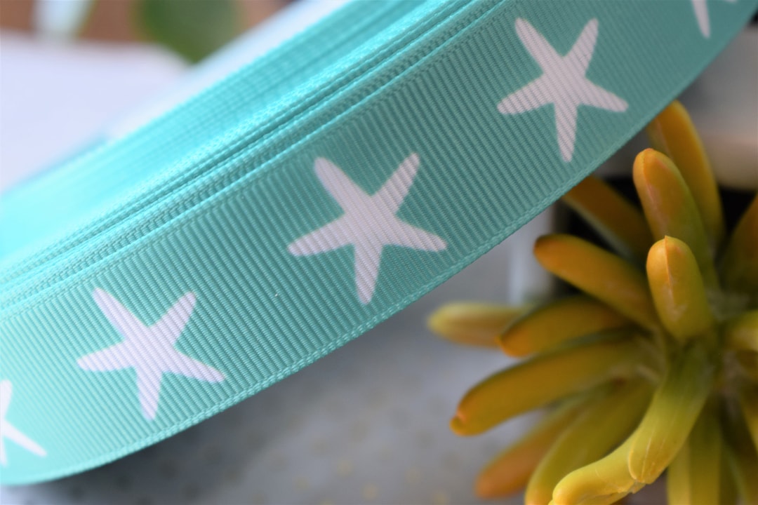 Mermaid Ribbon, Starfish Grosgrain Ribbon, Starfish Aqua Ribbon ...