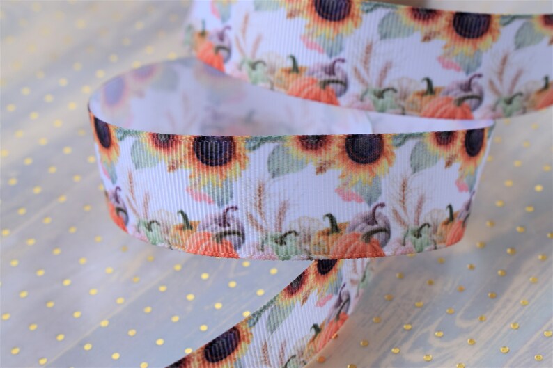 Sunflower Pumpkin Ribbon 78 Fall Sunflower Grosgrain Ribbon 22mm Autumn Flower Ribbon Sunflower Pumpkin Ribbon Printed Grosgrain