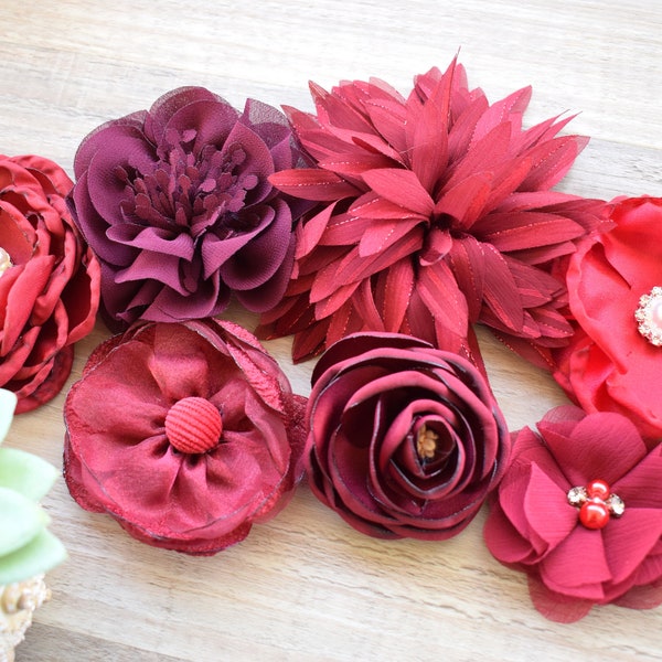 8 Pcs Assorted Wine Red Marron Burgundy Chiffon Fabric Flowers, Red Chiffon Flower, Mixed / Assorted Style and Size, Hair Accessory Supplies