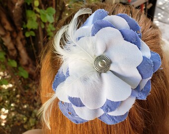 Layered Cornflower Blue and White Flower Hair Clip with Feathers and Silver Button