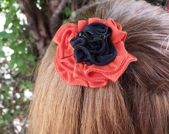 Pumpkin Orange and Black Zipper Rose Hair Clip