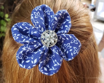 Navy Blue Flower with Printed White Leaves Hair Clip with Silver/Crystal Center