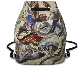 Luxury Leather Backpack Handcrafted in London Wonderful Art Deco Fairies  Designer Kissing Fairies Vintage Image Bucket Bag.