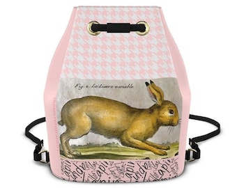 Fine Leather Backpack Handcrafted in London Pink Old World Rabbit Natural History Image in My Collection from 1700s, 1800s,Bucket Bag Option