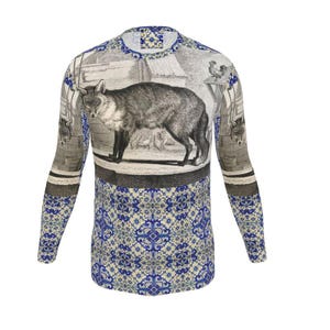 Designer Herren Sport T-Shirt mit langen oder kurzen Ärmeln Fox Delft Tile Antique Painted Engraving Print 1700er Jahre Exklusives Design Handgefertigt in London