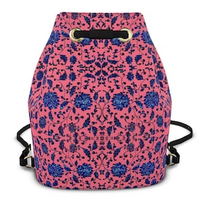 Mochila FineLeatherBackpack em couro napa de luxo, com uma imagem têxtil histórica maravilhosa do século XIX. Mochila estilo balde. Rosa