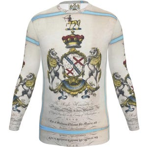 Camiseta esportiva masculina de manga comprida ou curta com brasão de armas, estampa antiga pintada, anos 1700, design exclusivo, feito à mão em Londres