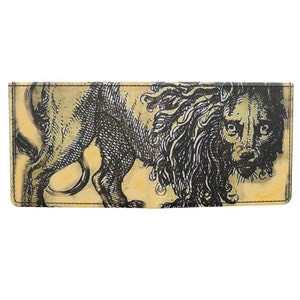 Hecho a mano en Londres, elegante cartera de cuero fino con diseño de león del viejo mundo, historia natural