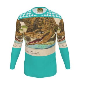 Designer Herren Sport T-Shirt Lang- oder Kurzarm Krokodil Antique Painted Engraving Print 1700er Jahre Exklusives Design Handgefertigt in London