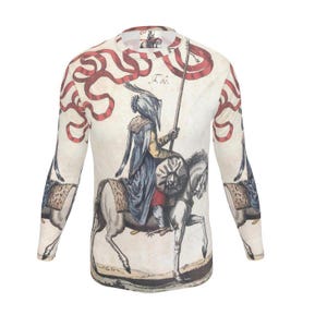 Camiseta esportiva masculina de manga longa ou curta com estampa de gravura pintada antiga de cavaleiro, década de 1700, design exclusivo, feito à mão em Londres