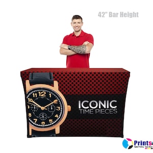 4ft x 42&quot; (Bar Height) Personalized Stretch Table Cover Custom Printing Trade Show Table Cover Banner Printing