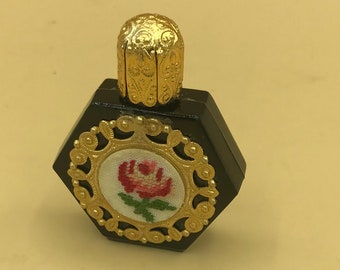 Vintage Miniature Travel Dauber Perfume Bottles  Black Glass Hexagon with Gold filigree lid with Dauber