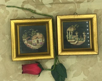 Vintage Set of Small Framed Needlepoint Petit Point   Deep wood  frame with gold trim