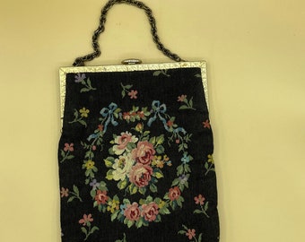 Vintage Brocade or Petti Point Black with  Rose Flowers Evening Handbag with  gold clasp and chain