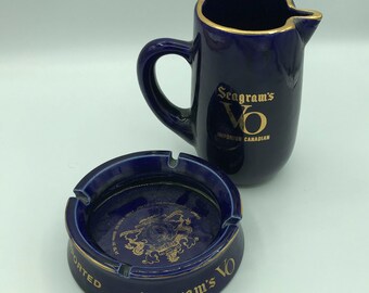 Vintage Seagrams VO Cobalt Blue Glass Ash Tray and Bar Pitcher