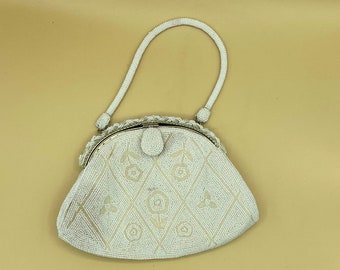 Vintage White and Cream Beaded evening hand bag   By Charlet Bag  Hand Made in Japan