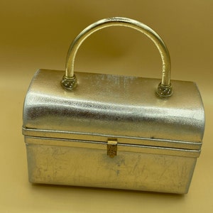 Vintage Gold tone Box Top Handle evening bag. Made by Meyers in the US Gold clasp and handle image 1