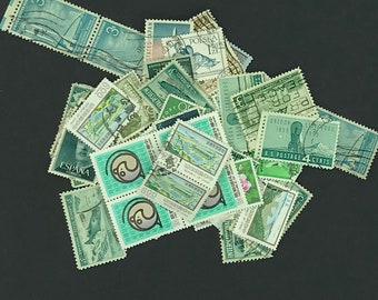 50 Green Vintage  Postage Stamps Used-Cancelled Green Paper Ephemera Junk Journal Altered Art Mixed Media