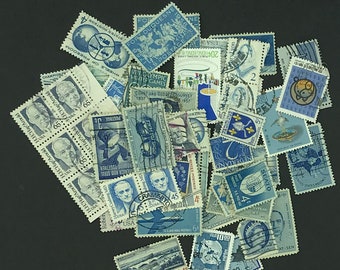 50 Blue Vintage  Postage Stamps Used-Cancelled Blue Paper Ephemera Junk Journal Altered Art Mixed Media