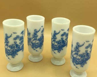 Avon Milk Glass Demitasse Liqueur Elongated Cup  with Blue Toile Courting Scene