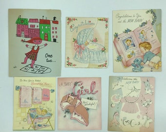 Vintage New Baby Greeting  Cards Set of 6 from 1950's  paper Ephemera, Altered Art, Scrap booking, Junk Journal Used from Scrapbook