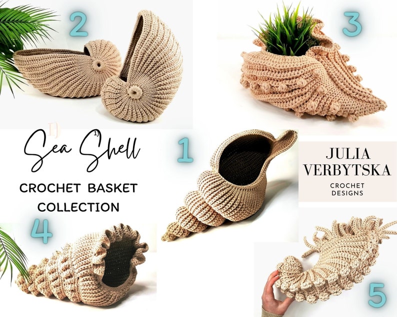 Entire 5 Seashell Basket Collection PDF Crochet Patterns 5 DIY projects for your sea themed home, ocean or beach decor, great gift idea image 1