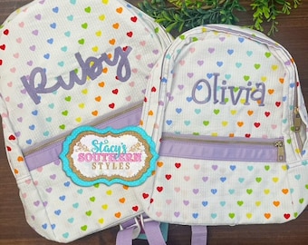 Tiny Hearts Seersucker Backpack, Small Hearts Backpack, Personalized Backpack, Cute Preschool Backpacks, Tiny Hearts Lunchbox