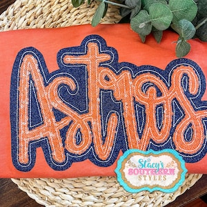 Double Applique Astros Tee, Cute Astros Tee, Astros Sequined Tee, Orange Astros Tee, Cute Women&#39;s Baseball Tee