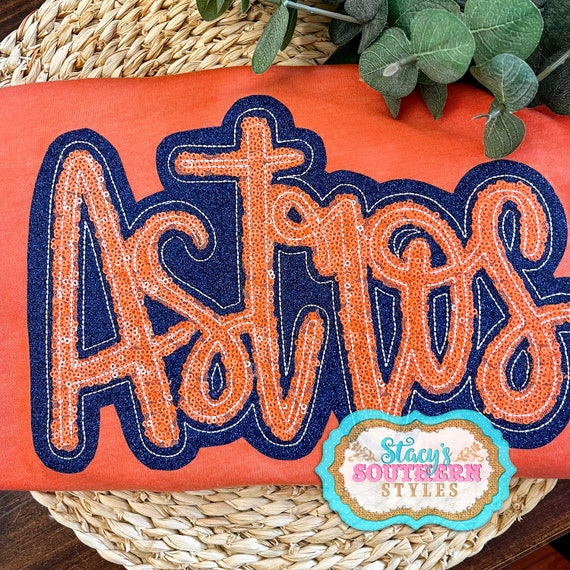 Double Applique Astros Tee, Cute Astros Tee, Astros Sequined Tee, Orange Astros Tee, Cute Women's Baseball Tee