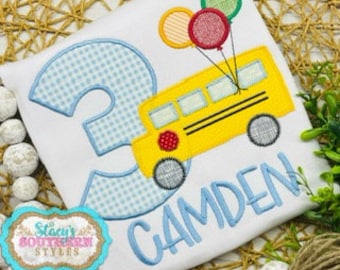 Bus Birthday Shirt, Wheels on the Bus Birthday Shirt, Bus and Balloon Birthday Shirt, Appliqued School Bus Tee