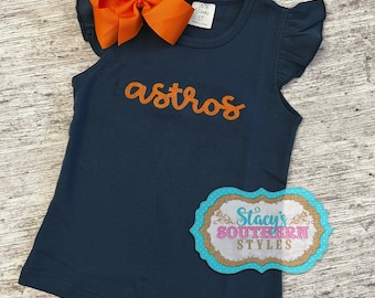 Houston Astros Flutter Sleeve Top, Baseball Shirt, Houston Astros Embroidered Shirt, Cute Baseball Top