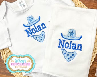Cowboy Baby Set, Cute Baby Cowboy Bodysuit and Burp Cloth, Personalized Baby Layette Set, Cowboy Baby Romper, Rodeo Outfit