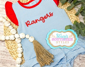 Texas Rangers Girl Romper, Texas Rangers Ruffle Short Set, Rangers Baby Gear, Rangers Kid&#39;s Shirt and Shorts
